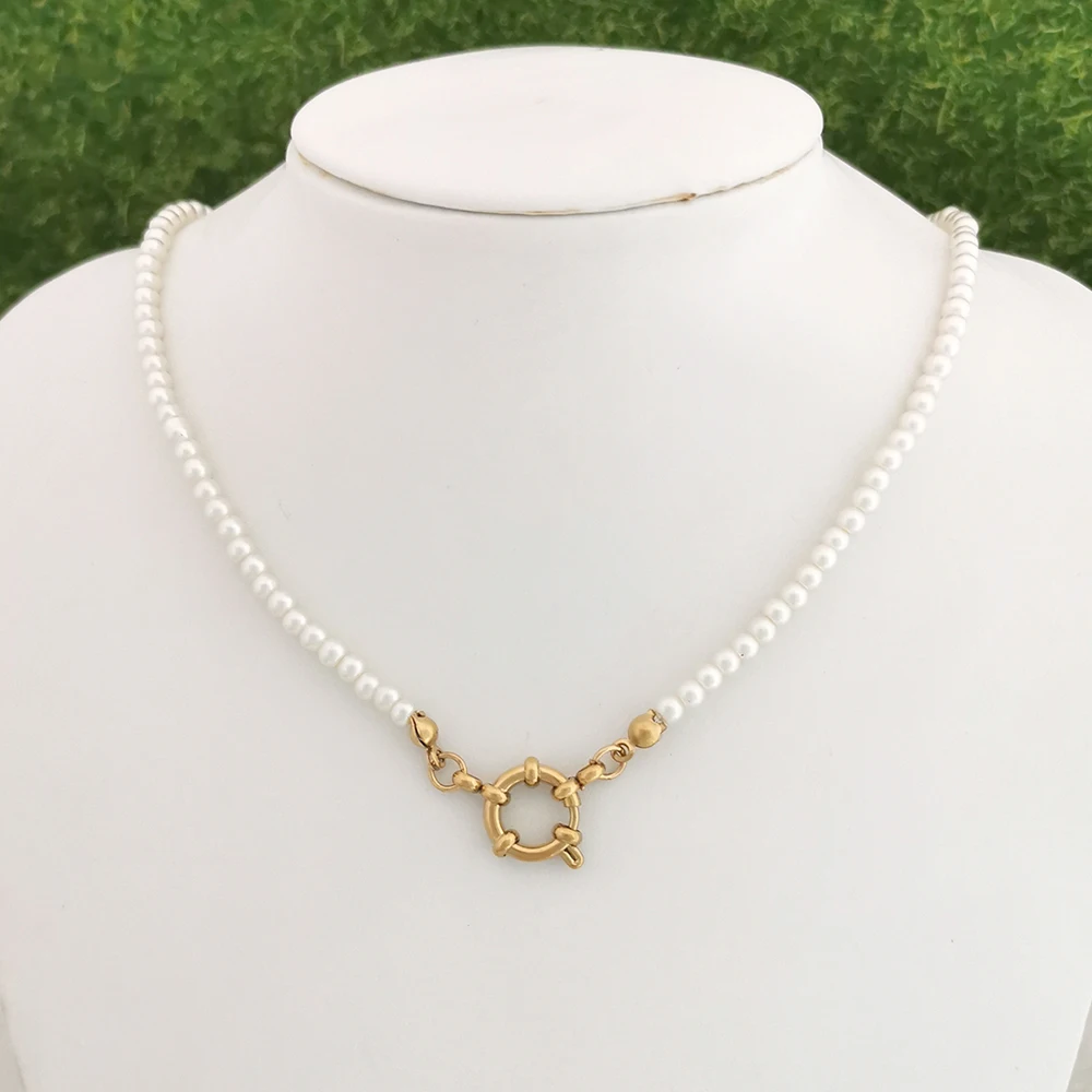 QMHJE Boho Imitation Pearl Necklace Women Choker Stainless Steel Clasp Sailor Buckle DIY Base Chain Beach Gold Color Wholesale