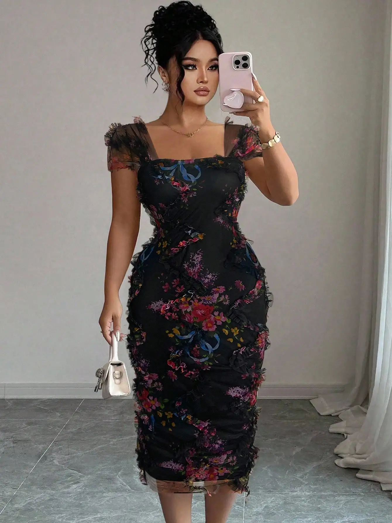 

Elegant Romantic Floral Print Ruched Waist Midi Dress For Weddings Parties Dates Casual Spring Summer