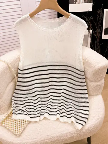 Women's Spring Summer Knit Vest with Striped Color-Block Design, Round Neck, Street Style Casual Layering Top Sweater Vest
