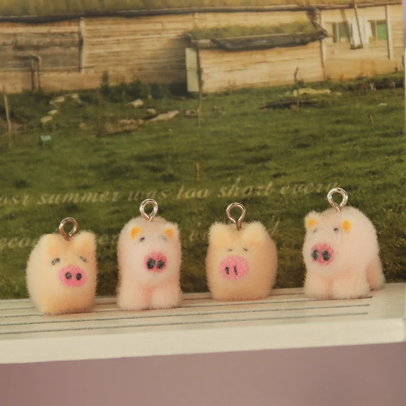 30Pcs 3D Cute Flocked Pig Charms Cartoon Animal Pig Pendant Earrings Keychains Necklace Accessories for DIY Crafts Jewelry Make