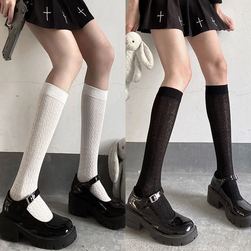 JK Uniform Rhombus Striped Knitted Stockings Women Knee High Long Socks for Cute Japanese Girls Middle Tube Lolita Knee Socks