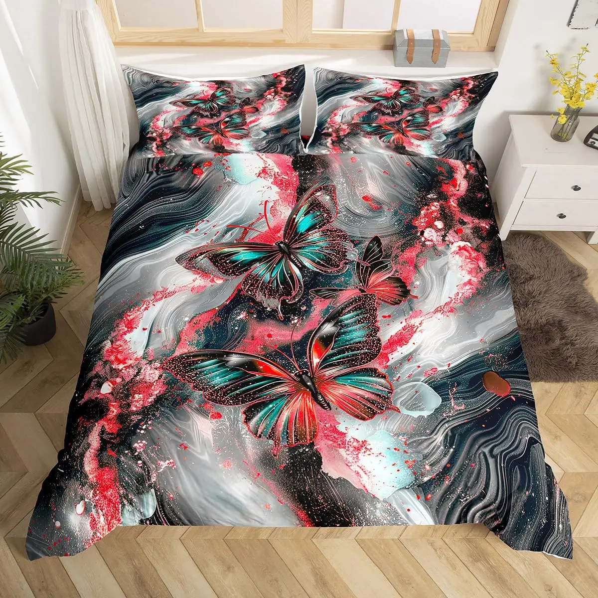 Black Marble Duvet Cover Set Teal Butterfly Comforter Cover,Red Marbling Bedding Sets Full,Abstract Ombre Ink Fluid Art Bed Set