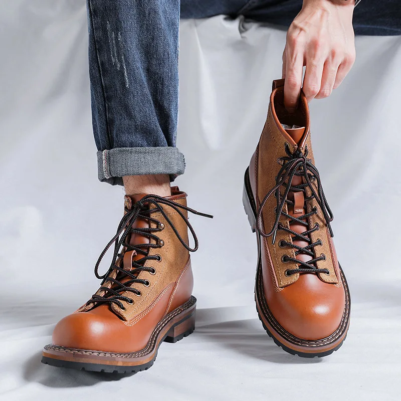 Vintage Men Boots Round Toe Lace Up Men Short Tooling Boots High Quality Genuine Leather Outdoor Men Casual Shoes Brown