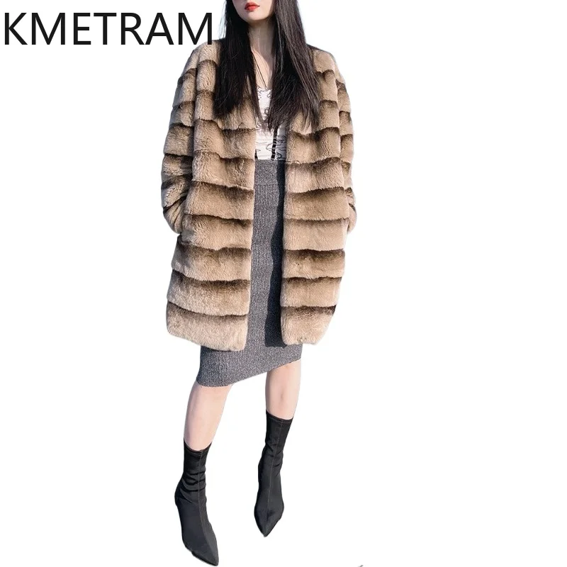 KMETRAM 100% Real Rex Rabbit Fur Coat Woman Fashion Gradient Mid-Length Coats Warm Winter Fur Jacket 2026 Women Clothing 85cm 코트