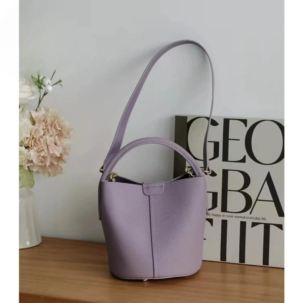 Cowhide Leather Women's Shoulder Crossbody Bag Fashion Ladies Hand Bag Noble Lavender Purple Round Bucket Tote Small Elegant