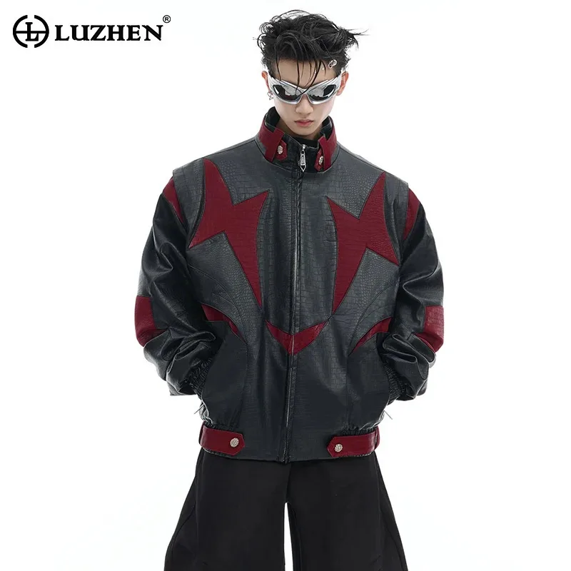 LUZHEN Crocodiles Pattern Contrasting Color PU Leather Jacket Street Men Outerwear Luxury Patchwork American Designer LZ6335