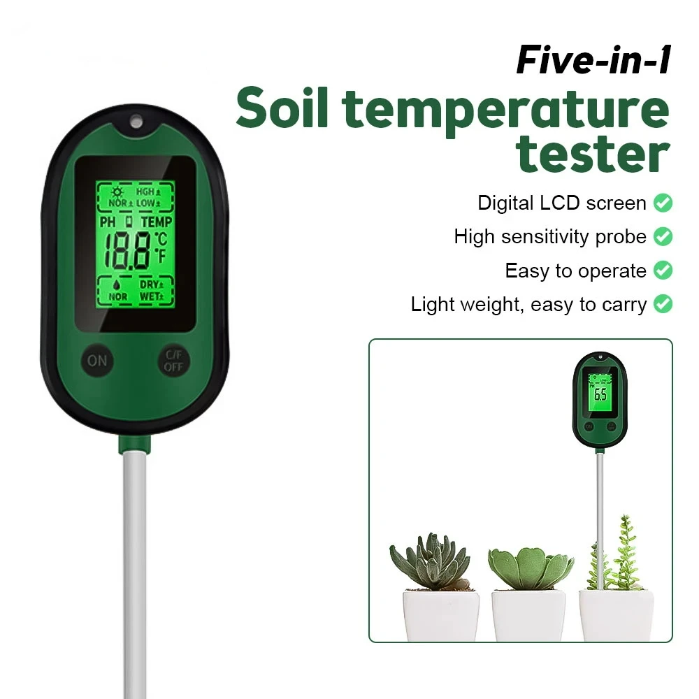 

Soil Tester 5 in 1 PH Meter Plant Moisture Meter TEMP Sunlight Intensity measurement Analysis Alarm Soil Acidity Test Monitor