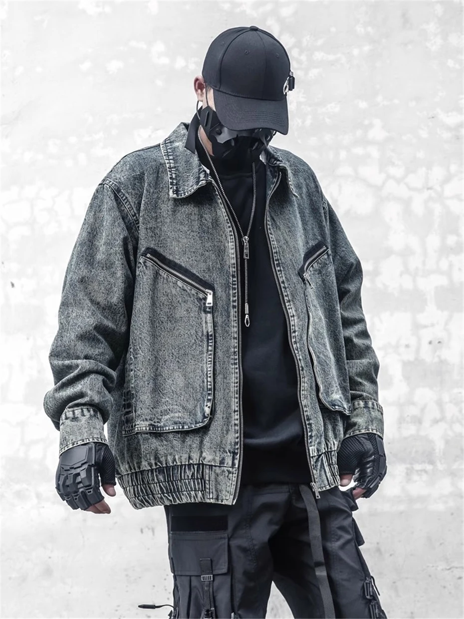 Tactical Mens Denim Jackets Streetwear Hip Hop Punk Y2K Cargo Coats Men Oversized Harajuku Vintage Big Pockets Jeans Jacket Male