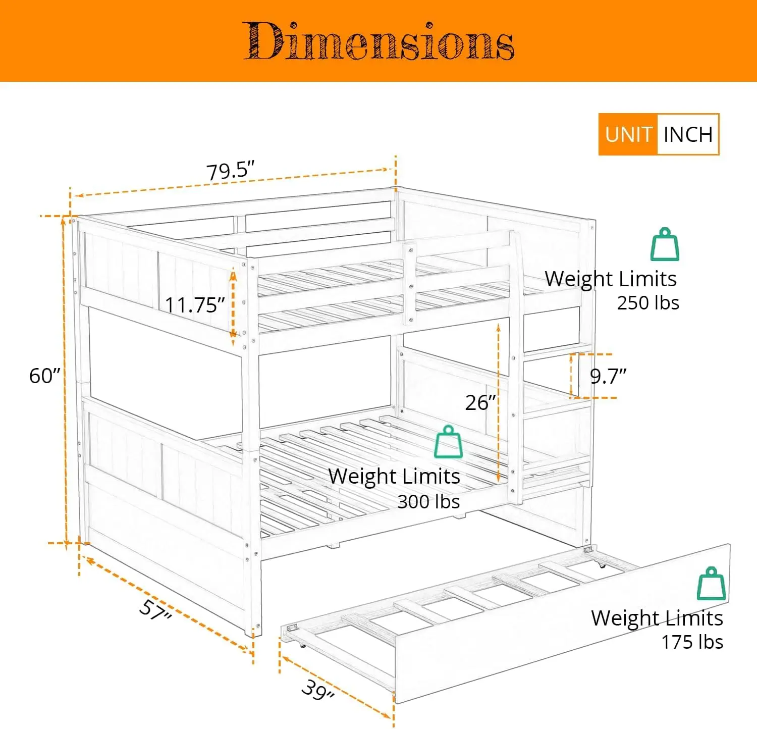 MERITLINE Detachable Full Over Full Bunk Bed with Trundle，Solid Wood Full Size Floor Bunk Bed for Kids, White Bunk Bed Full