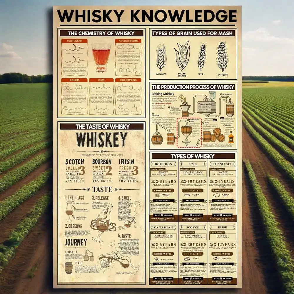 BarrelRiff Retro: tipos de whisky, letrero de chapa desgastado | Arte de la tabla de destilería vintage para comedores, cocinas