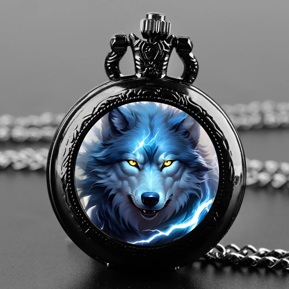 Blue Wolf Design Glass Dome Quartz Pocket Watch With Durable Chain Arabic Numeral Dial For Men And Women Creative Gifts