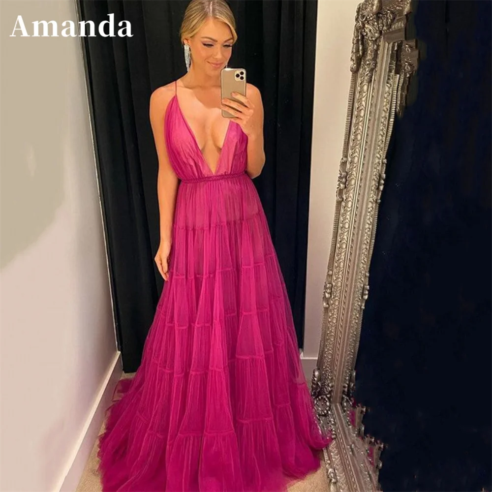 

Amanda Elegantly Floor Lenght فساتين سهره فاخره2023 Tulle Slim A-line Prom Dresses Sexy Multilayer Deep v Vestidos De Noche