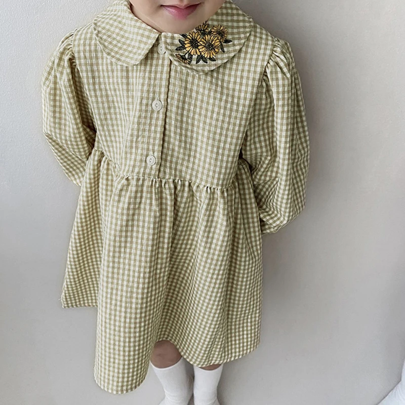 2023 Children Dresses Spring Summer Girls Clothing Cute Kids Baby Girl Plaid Cotton Linen Lapel Collar Dress Long Sleeve Dress