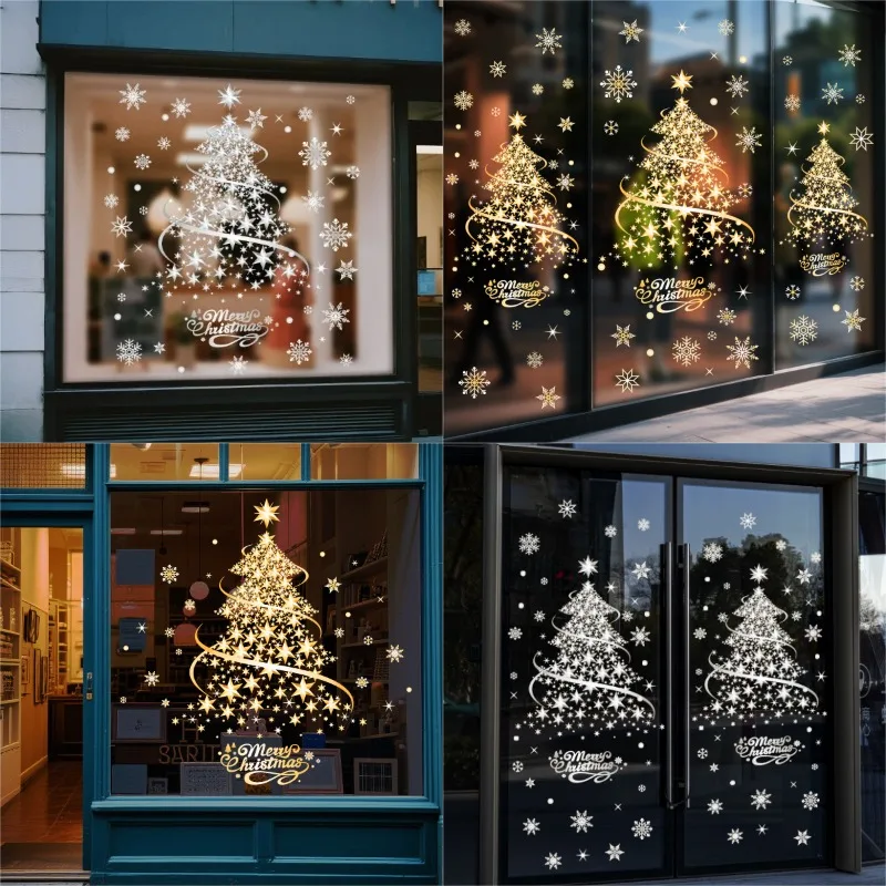 2 ورقة الذهبي شجرة عيد الميلاد نافذة يتمسك ملصقات للزجاج DIY ساكنة جدار نافذة الباب جدارية عرض ملصق لاصق لامع ورائع نافيداد