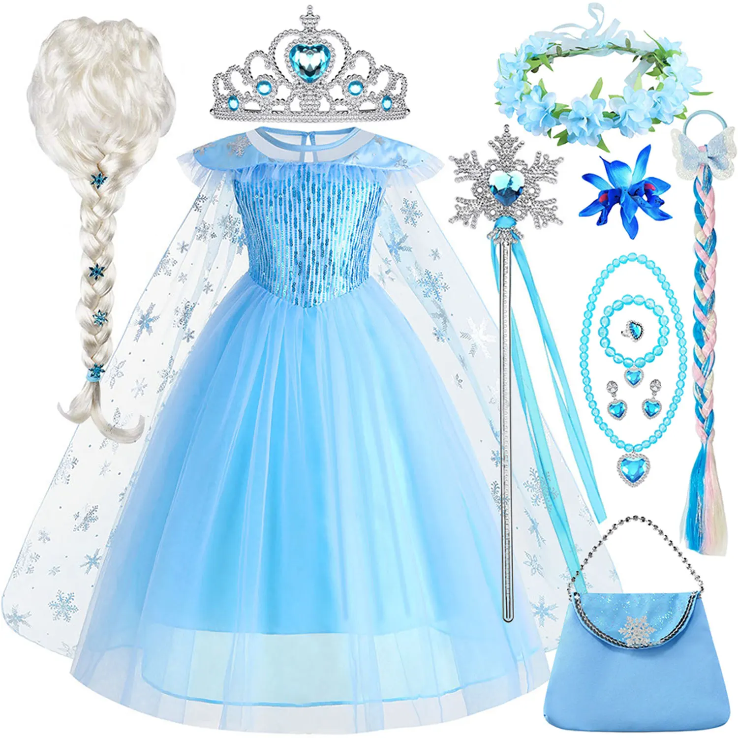 Vestido de festa azul da Disney Frozen, vestido fofo para meninas, roupa de carnaval, cosplay de Elsa com capa