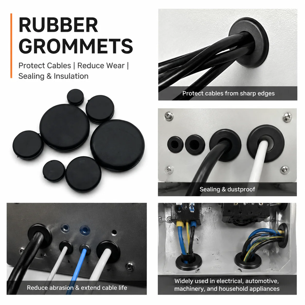 170 Pieces M7.14/9.53/12.07/15.88/19.05/22.23/25.4 Black Rubber Gasket Instrument Panel Wiring Dustproof and Wear-resistant Set