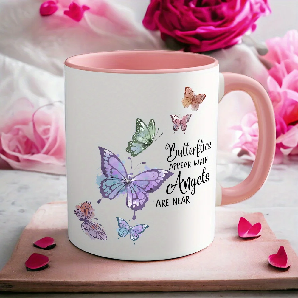 

1 Pack, 11 oz Fun Butterfly Coffee Cup, "Butterflies Appear When Angels Are Near" Exquisite Thermal transfer Coffee Mugs, Water