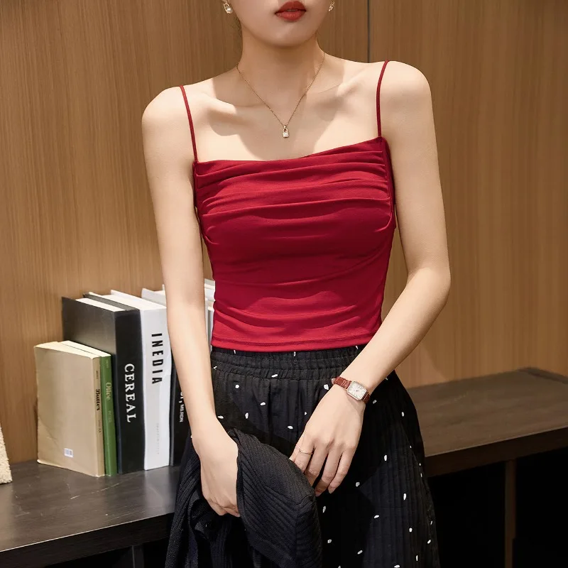 

Tencel ribbed Lyocell cotton small sexy camisole vest for women's summer 2025 new pleated camisole