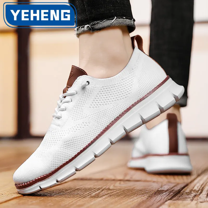 New Autumn Casual Knitted Mesh Men\'s Shoes Solid Shallow Lace Up Lightweight Soft Sneakers Shoes Breathable Man Footwear Flats