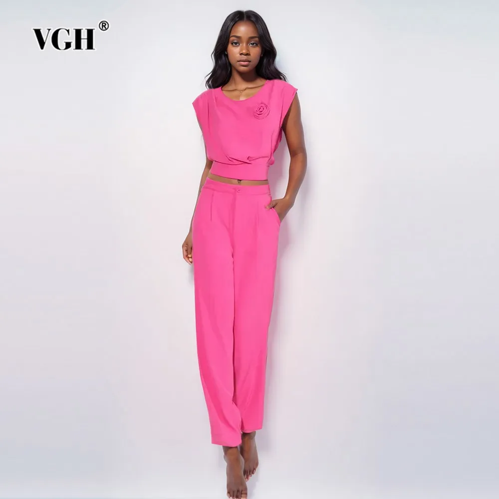 

VGH Solid Two Piece Sets For Women Round Neck Sleeveless Hollow Out Tops High Waist Wide Leg Pants Minimalist Slim Set Female