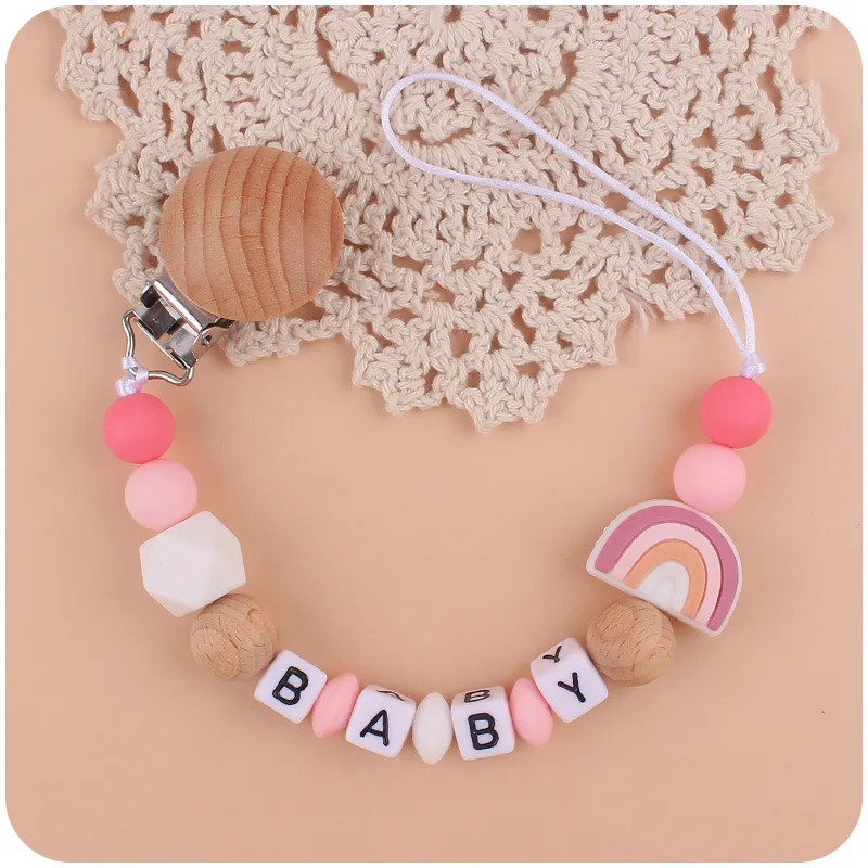 Baby soother beech wood pacifier chain Baby creative cartoon silicone rainbow chain Teething teethers anti-falling chain