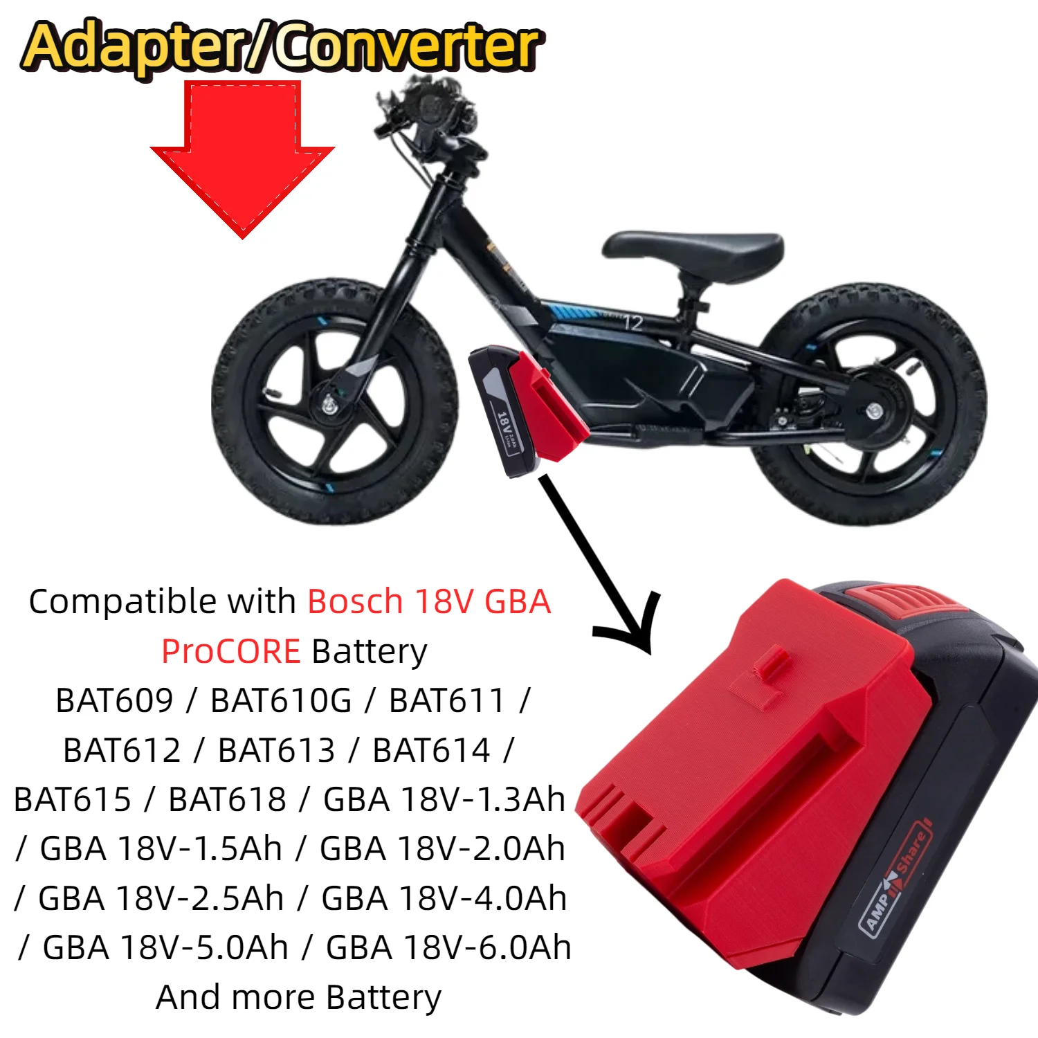 Battery Adapter/Converter for Bosch 18V GBA ProCORE Li-ion Battery To Stacyc 12eDRIVE /16eDRIVE 20V Max Electric Balance Bike