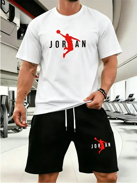 New Jordan Style Men's 2 Piece Set Summer Black Short Sleeve T Shirt Shorts Casual Sports Tracksuits Plus Size S-4XL 3