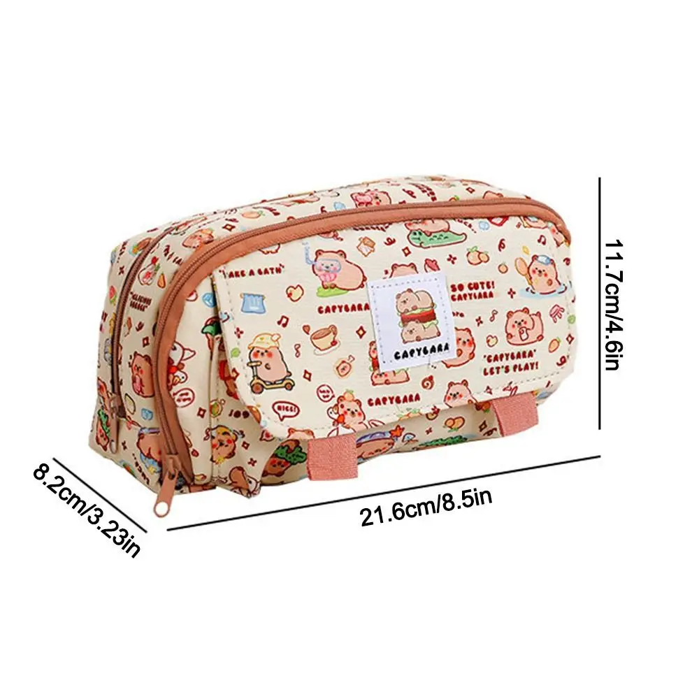 Cartoon Print Capybara Pencil Case Large Capacity Flip Over Stationery Storage Pouch Four-layer for Office School Supplies