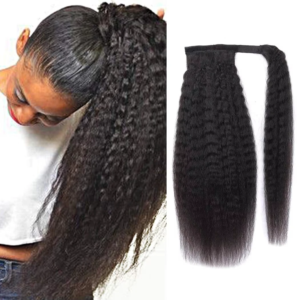 Kinky Straight Ponytail Human Hair Extension Wrap Around Clip In Ponytail Natural Color Remy Brazilian For Women