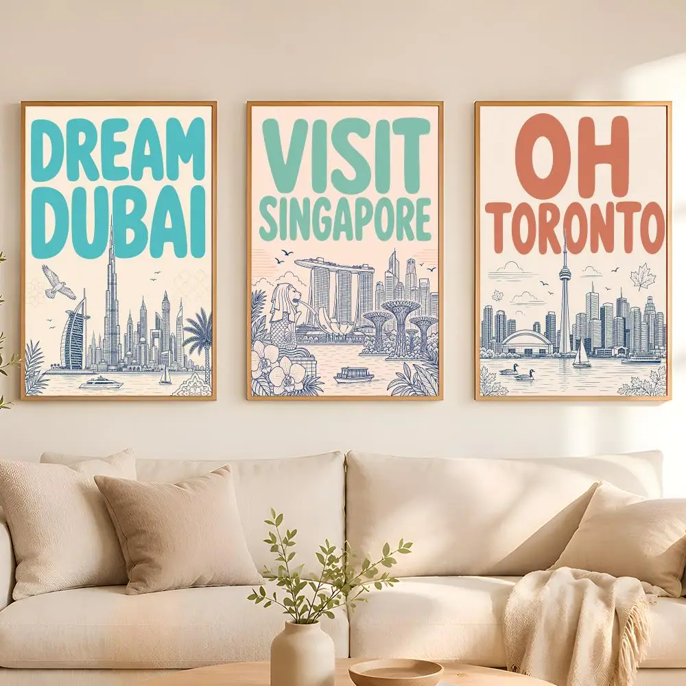 Vintage City Travel Poster Stickers Painting Self-Adhesive Mural HD Wall Decals for Bedroom Living Room Home Decor Gift