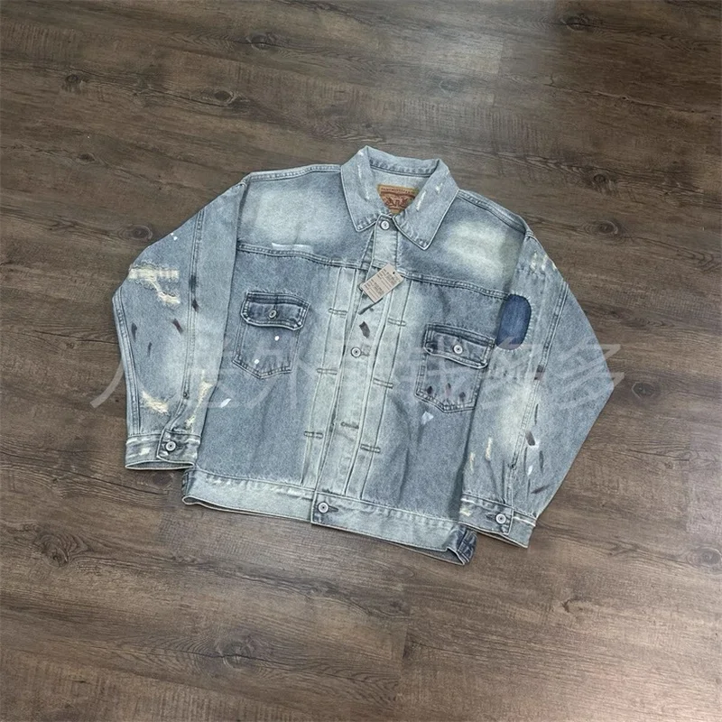 

Vintage SAINT MICHAEL Jackets Men Women High Quality Hole Blue Washed Oversized Denim Jacket
