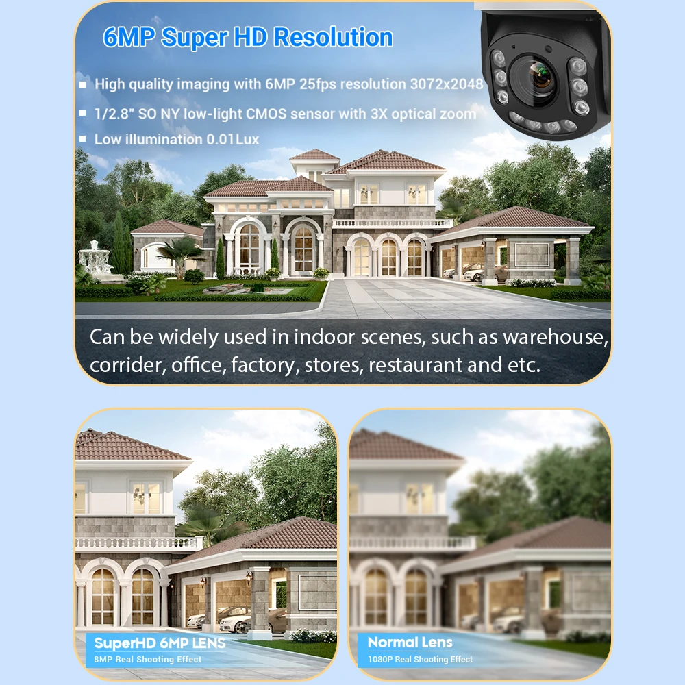 Vikylin 6MP 20X Zoom IR Night Vision PTZ IP Camera For Hik Compatible Two way Audio Human Vehicle Detection POE Security Camera