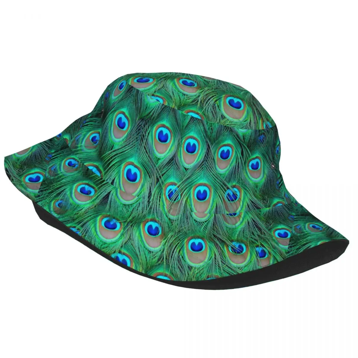 Peacock Feather Print Unisex Casual Sun Hat Bucket Bob Hip Hop Cap Fisherman Panama