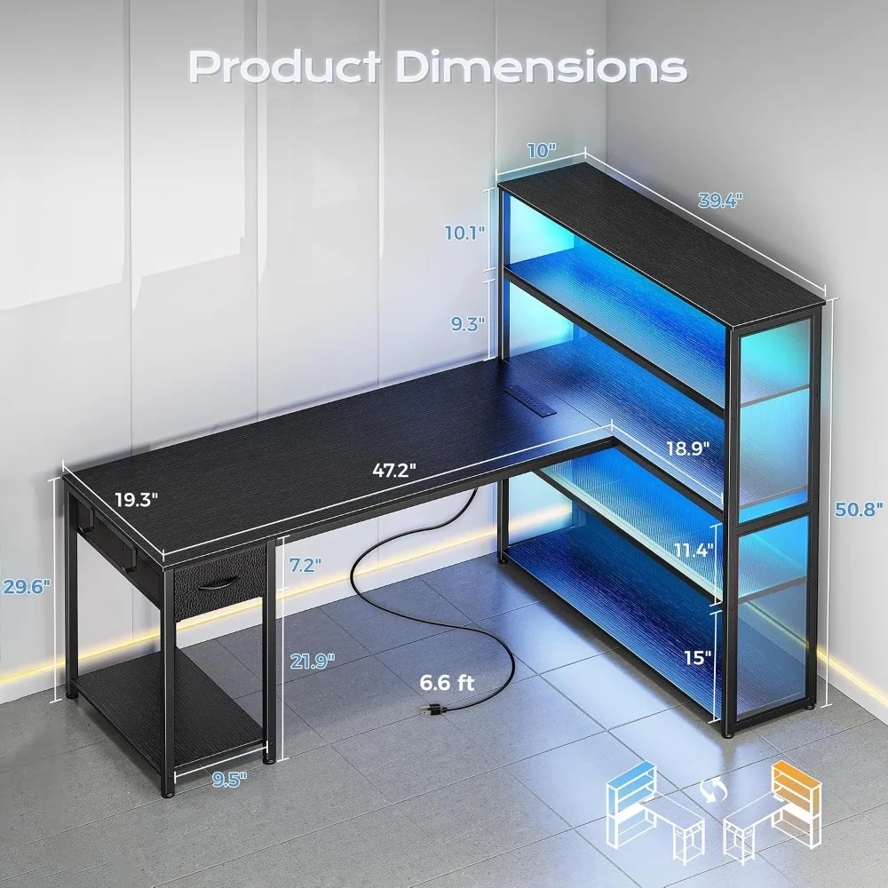 57 Inch L-Shaped Gaming Desk with Open Cabinet, Power Outlets, LED Lights, Adjustable Shelves, Black