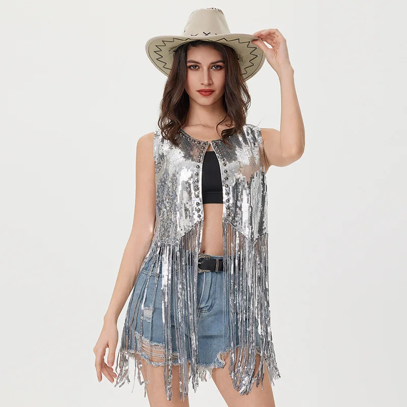 

Женский жилет с блестками, уличная одежда для вечеринок и клубов, модная одежда для сценического шоу, базовые пальто, куртки, винтажный жилет в стиле Харадзюку с блестками
