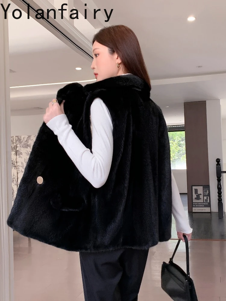 YOLANFAIRY Naturalny Płaszcz z Futra Damski Luksusowy Zimowy 2025 Bezrękawnik z Prawdziwego Futra Norki Kamizelka z Futra dla Kobiet Czarna Kurtka Futrzana