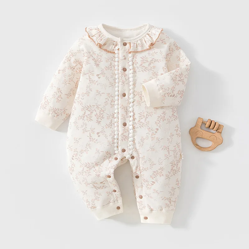 High Quality Children's Autumn and Winter Jumpsuit with Flower Pattern Printed on Pure Cotton Thickened Warm Baby Girl Outfit