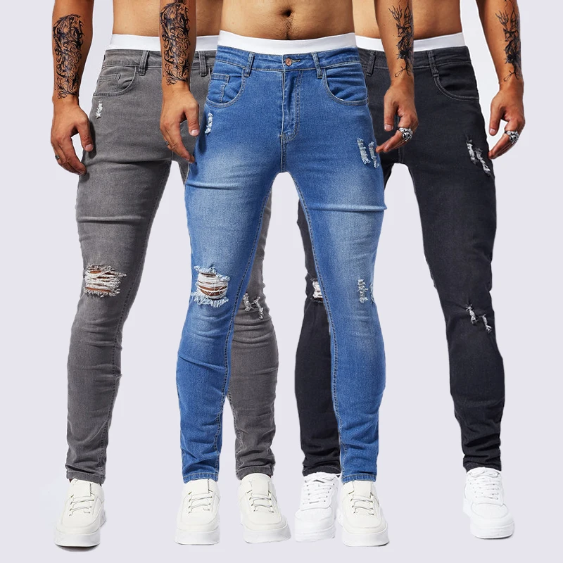 Slanke Gescheurde Stretch Jeans Heren Hiphop Gaten Mode Amerikaanse Biker Hoge Elasticiteit Skinny Casual Denim Broek Man