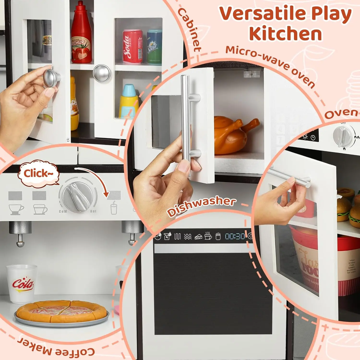 Kinderspeelkeuken, Houten Speelgoedkeuken, Toodler Kookspeelset, Fornuis Met Licht En Geluid, Gootsteen, Magnetron, 2 Stoffen Dozen, D