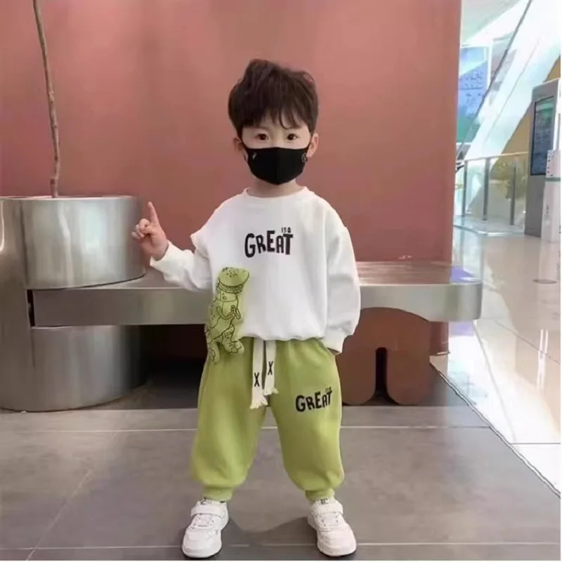 Autumn Children Girls Boys Clothes Sets Kids Cartoon Dinosaur Sweater Pullover Top & Pants 2 Pieces Suit Letter Outfit Tracksuit