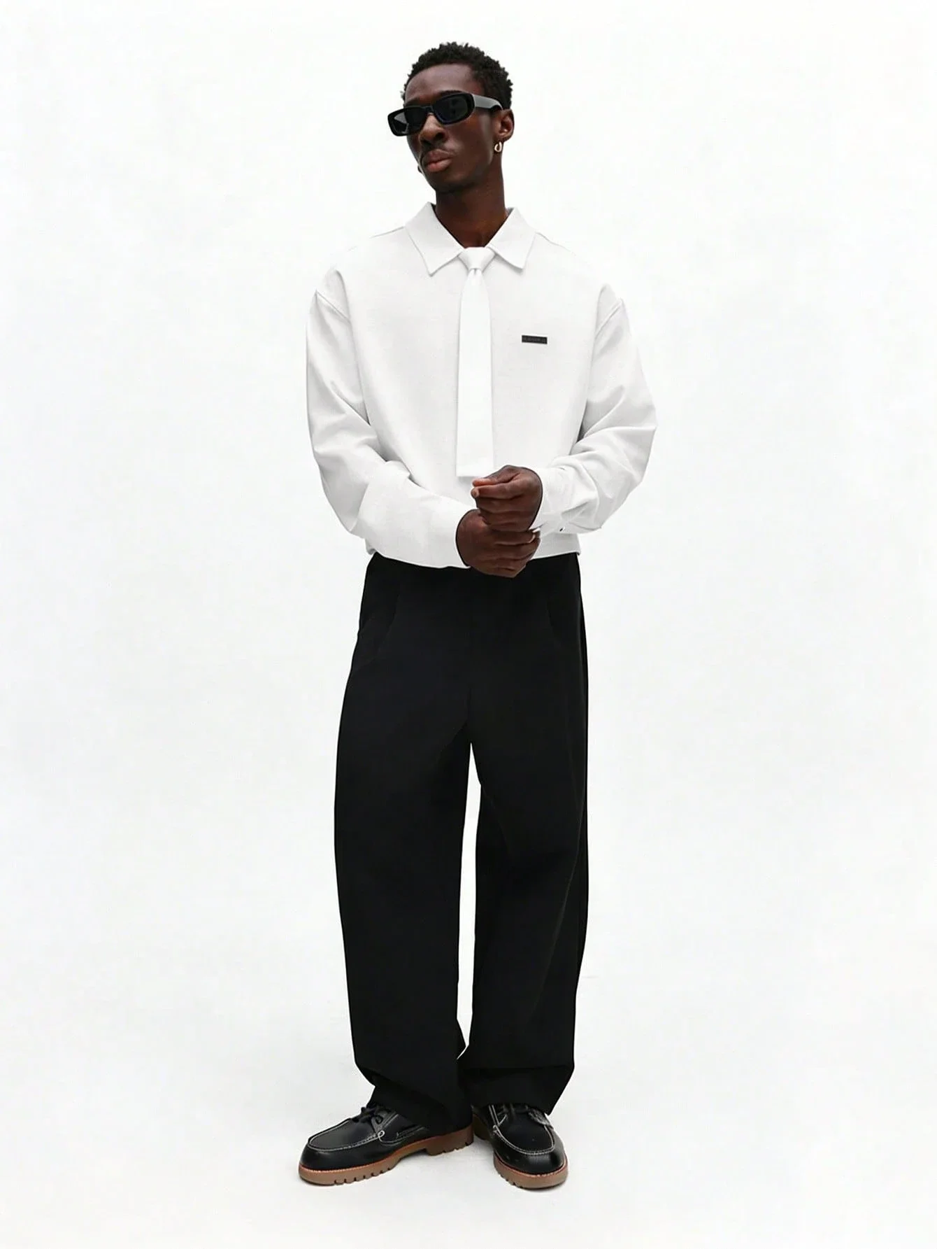 

Crop Fit Relaxed Long Sleeve Button Down Shirt With Tie Detail Chest Pocket Casual