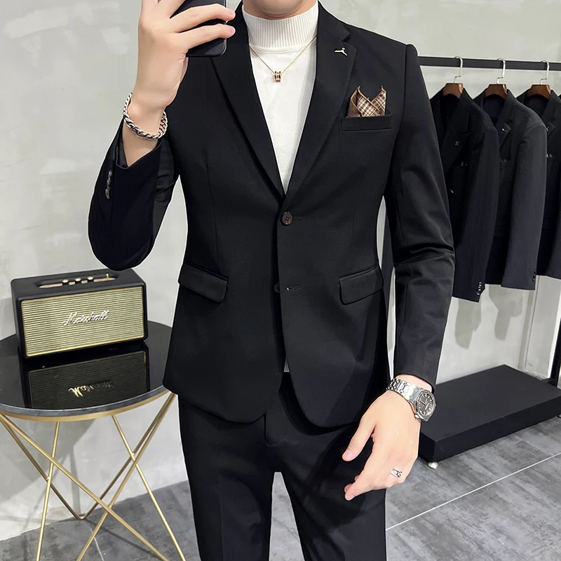 2024 Two-button Business Wedding Suit (suit + Trousers) S-7XL Korean Slim Fashion Handsome Solid Color Suit Two-piece Set