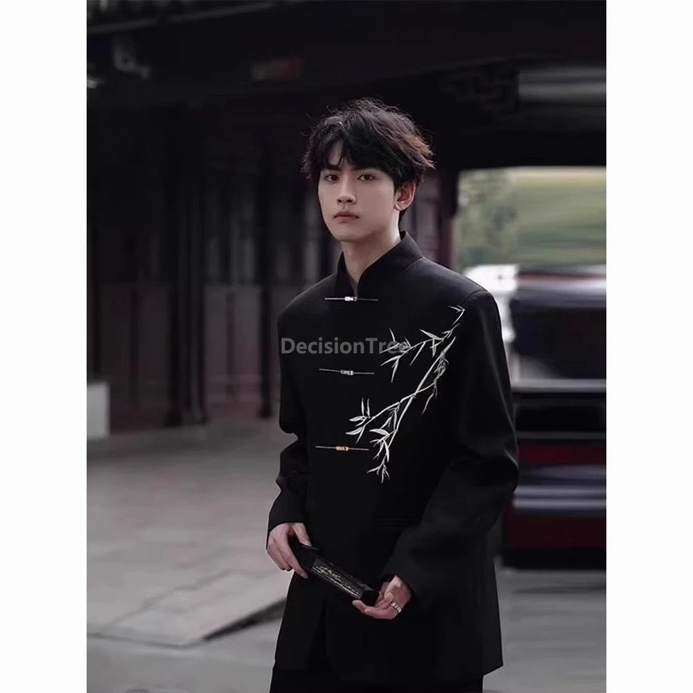 

Новинка 2025, китайский костюм-туника, винтажный литературный художественный бамбуковый принт, темпераментное мужское пальто, продвинутый смысл, китайский мужской костюм, пальто