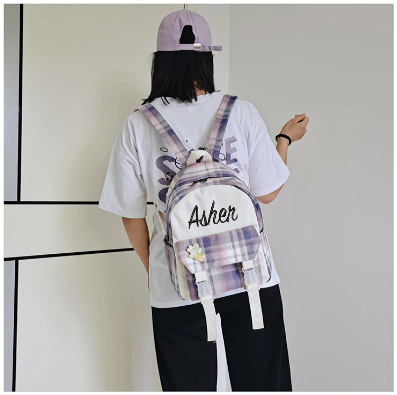 

Personalized Mini Backpack Academy Ins Style Purple Checkered Backpack Lightweight Casual Color Contrasting Women's Cloth Bag