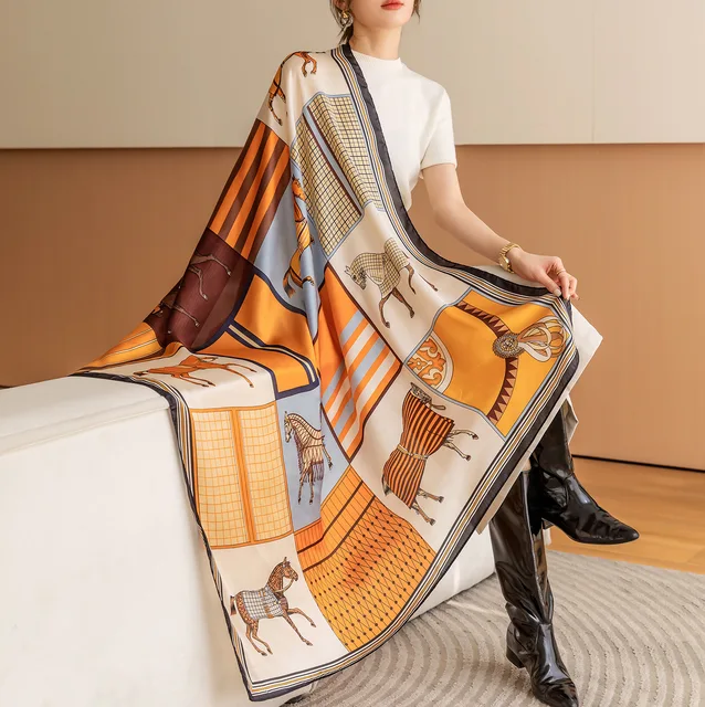 Luxury Horse Print Square Scarf Vintage Imitation Silk Shawl Scarf  Women Windproof Outdoor Head Wrap 110*110cm [p'[;
