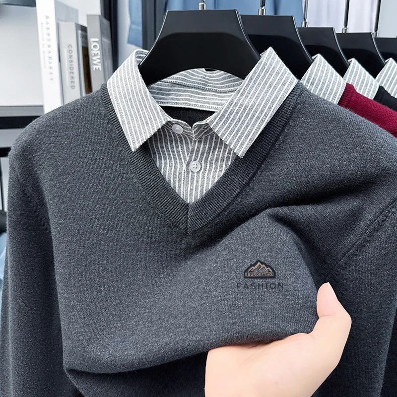 Maglione stampato in due pezzi finto da uomo Camicia base con colletto stile primavera e autunno 2025 Nuovo maglione lavorato a maglia in lana di pecora