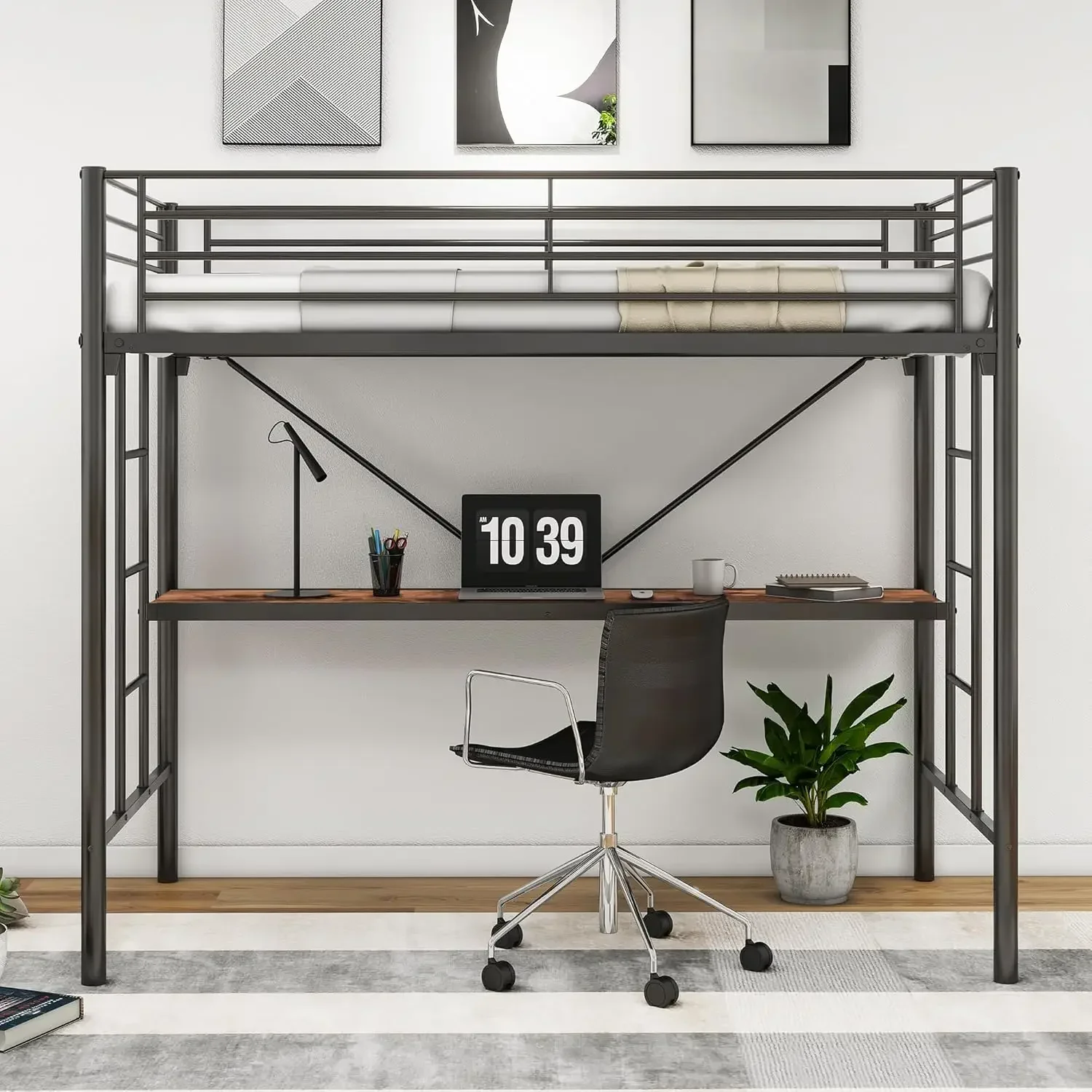 Loft Bed Twin Size with Stairs, Metal Loft Bunk Bed with Safety Guard Rails & Flat Ladder Rung for Kids Teens Student Dormitory,