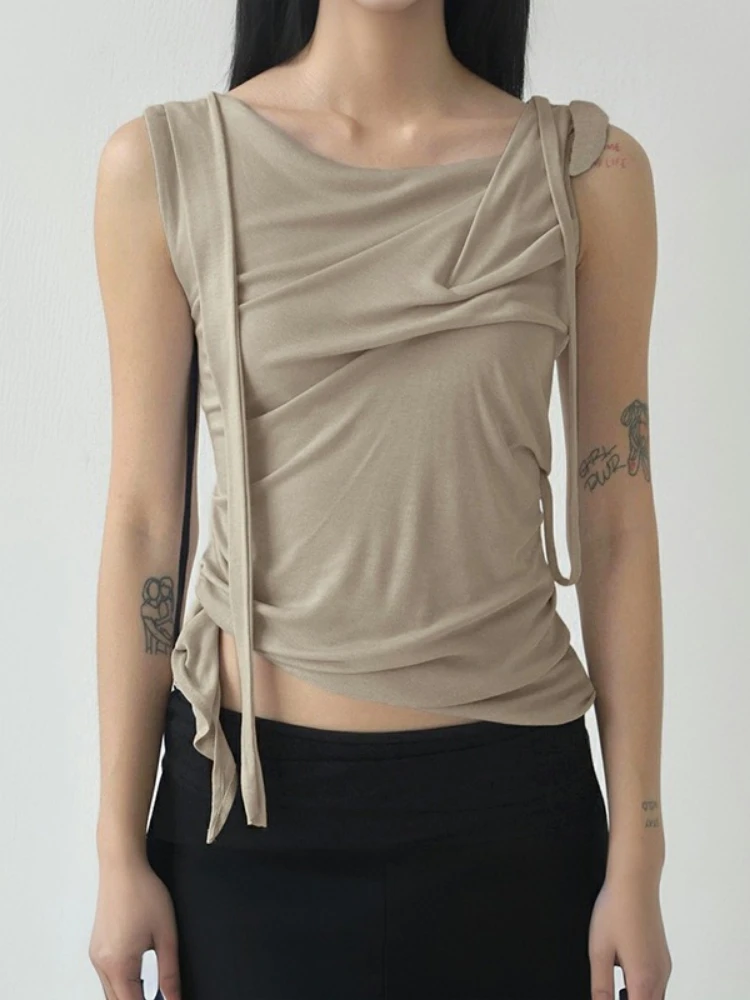 

Harajuku Sleeveless Irregular Pleated Tops Women Skew Collar Solid Slim Fit T-shirt Y2k Aesthetic Fairy Grunge Bandage Tshirts