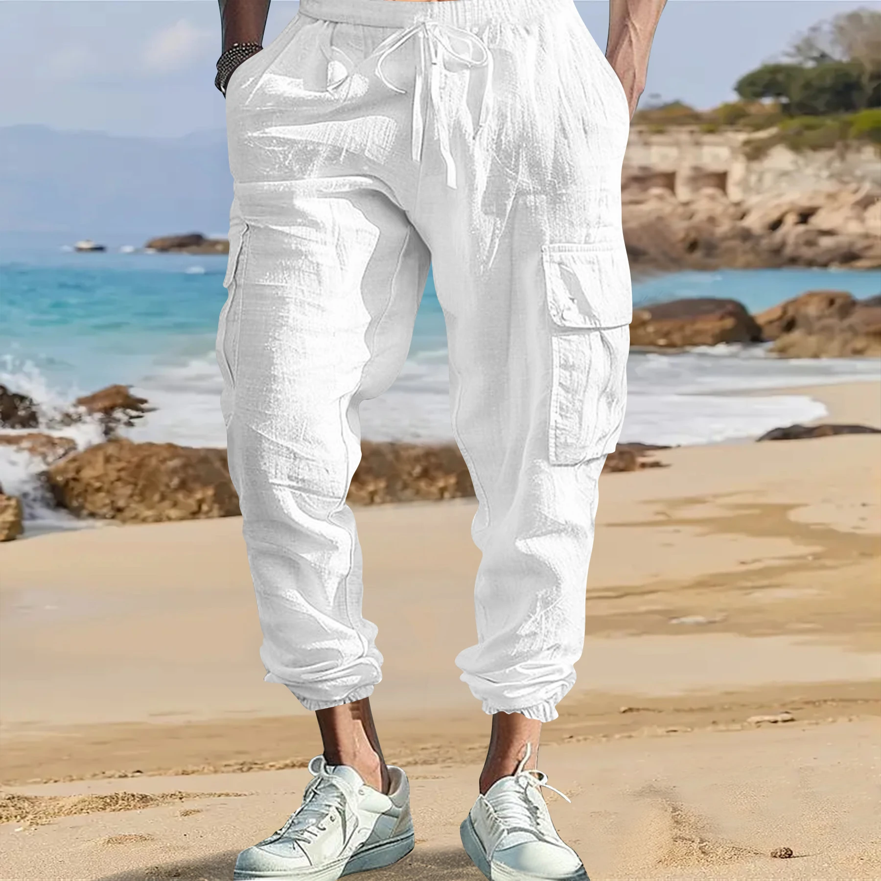 

European American Spring Autumn Cotton Hemp Men's Casual Versatile Pants with Leg Bundles, Multiple Pockets, Tethered Work Pants