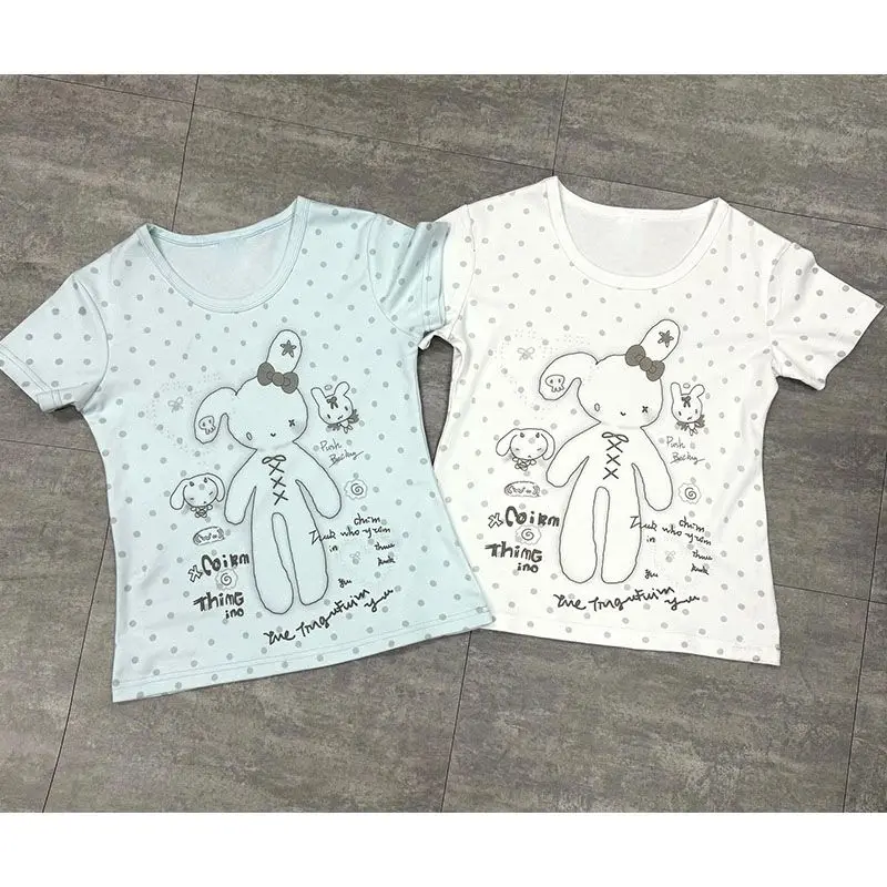 HOUZHOU Kawaii Blue Print Graphic T-Shirts Women White Sweet Vintage Polka Dot Short Sleeve Tees Y2k Aesthetic Japanese Fashion